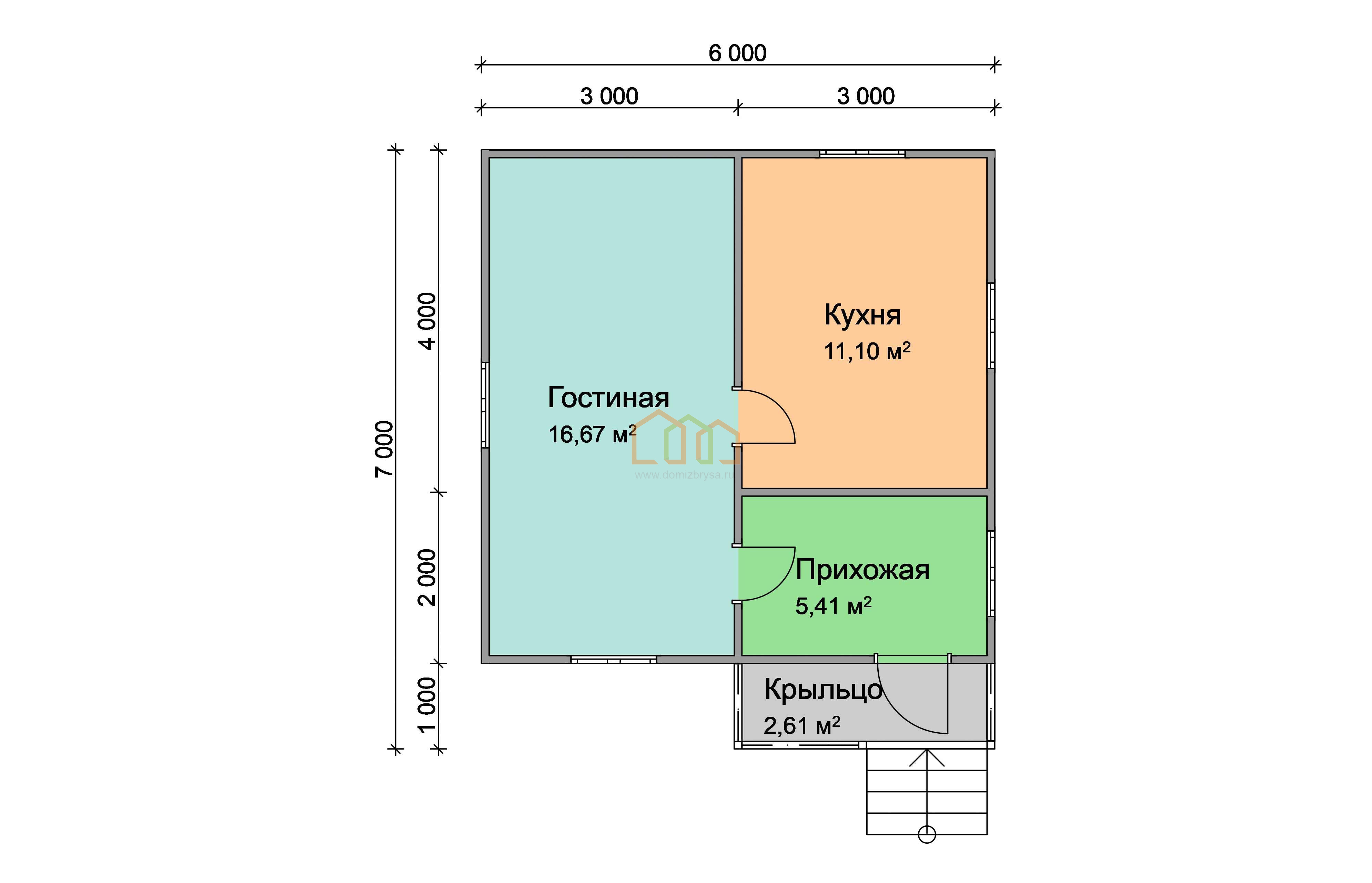 Дом из бруса одноэтажный 6х6 купить в Рыбинске цена 826000, площадь: 37.8  м2, Брус 90х140 мм. с крыльцом